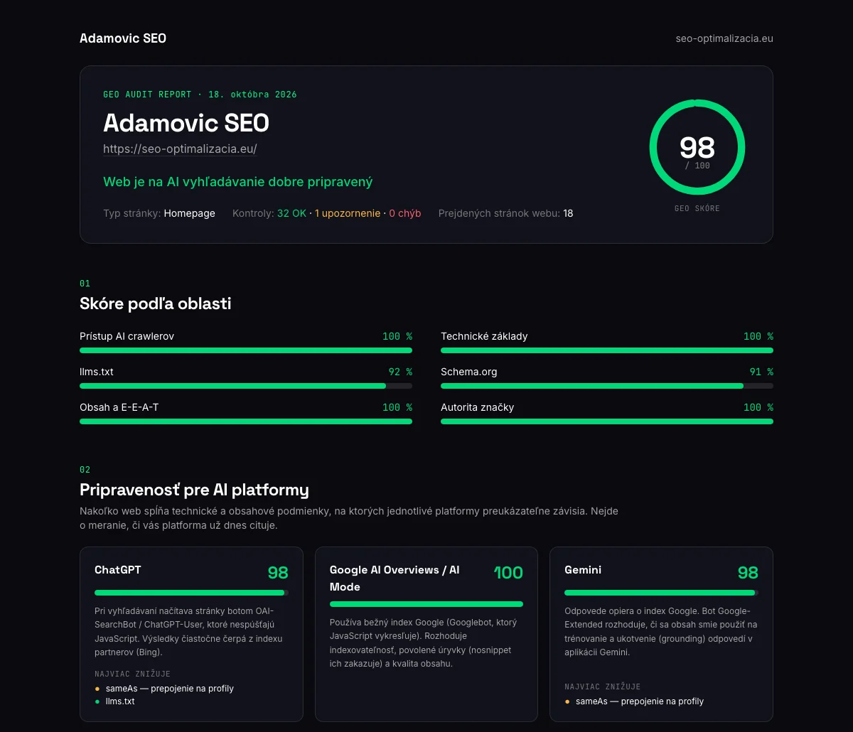 Vzorový GEO Audit Report — Adamovic SEO, skóre 98/100